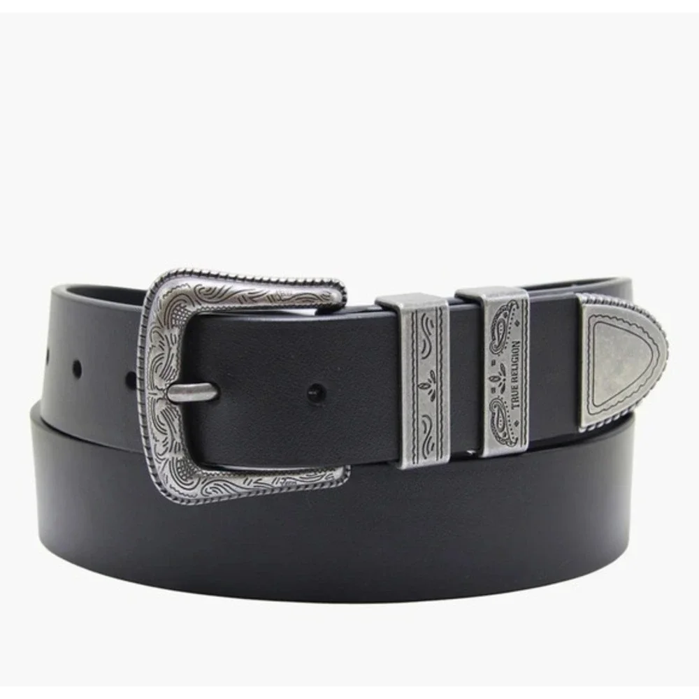 True Religion Palomo Western Belt Black Croc Embossed Silver Buckle Size 32 NWT